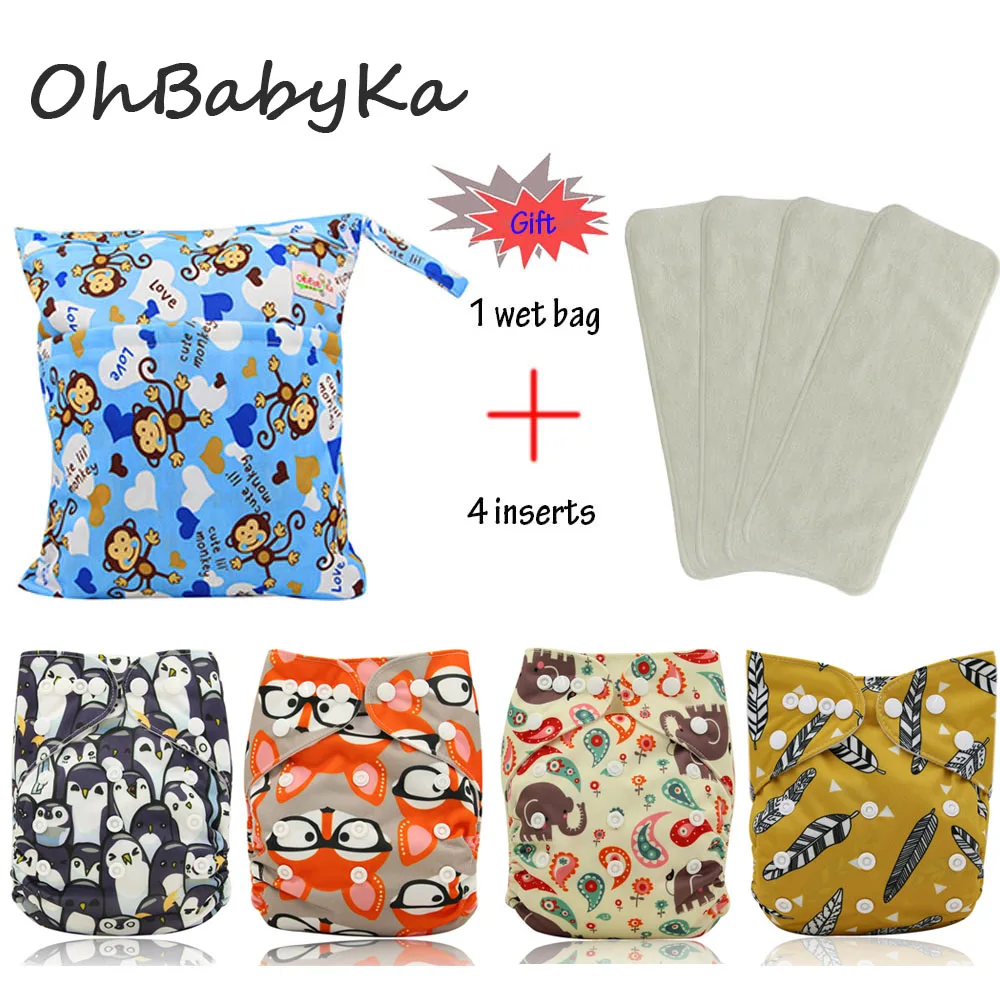 OhBabyKa Baby Nappies Cartoon Print Reusable One Size Pocket Cloth Diaper 4Pcs 4Pcs Microfiber Insert 1pc