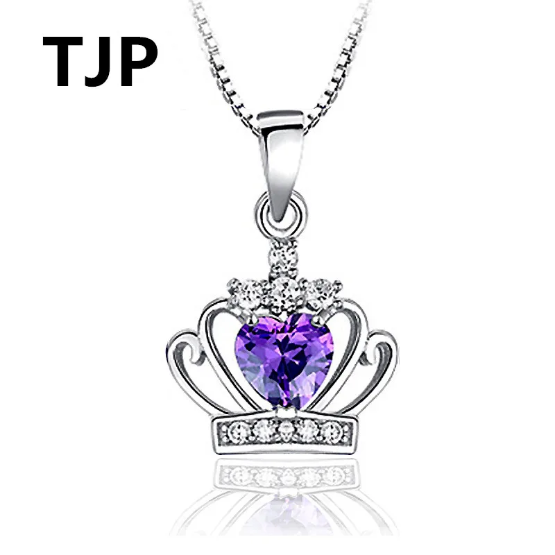 

TJP New Fashion Crown Choker Necklace Jewelry Fashion 925 Sterling Silver Necklace Pendants Jewelry Girl Wedding Party Purple