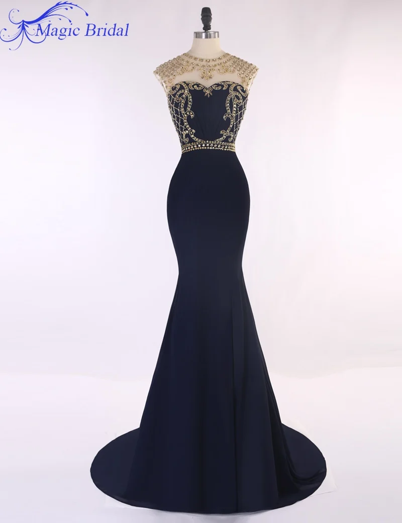 Scoop Neck Gold Crystals Beaded Navy Blue Mermaid Prom