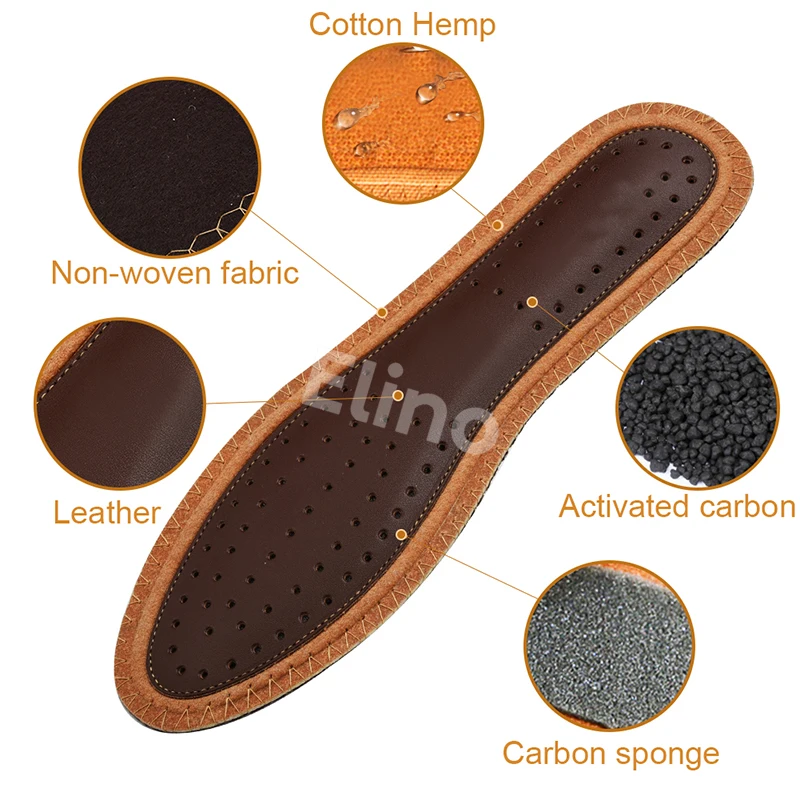 Elino Deodorization Leather Cowhide Insoles Activated Carbon Sweat Absorption Care Breathable Insoles Men Women