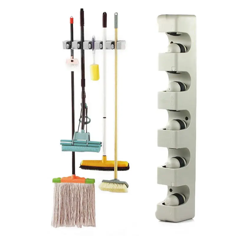 

5 Position 6 Hooks Wall Mounted Mop Broom Holder Hanger Kitchen Shelf Storage