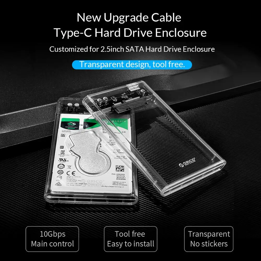 ORICO 2.5 Inch HDD Case SATA to USB 3.1 Gen2 10Gbps Type C Hard Disk Drive External HDD Enclosure Transparent Case Tool Free 4TB