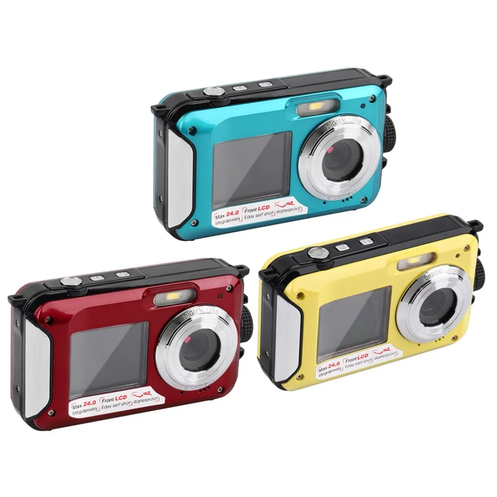

24MP Double Screens Waterproof Anti-shake Digital Camera (2.7+1.8 inch) Full HD 1080P 16x Zoom Camcorder DVR Blue/Red/Yellow