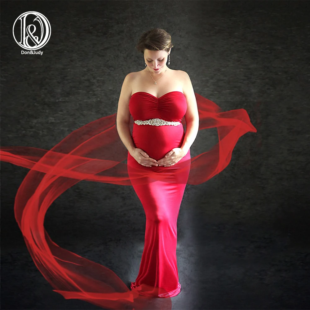 

Don&Judy Maternity Dress Gown for Shoot Photo Red with Belt Maxi Pregnancy Dresses Clothes Sexy Maternity Photography Props