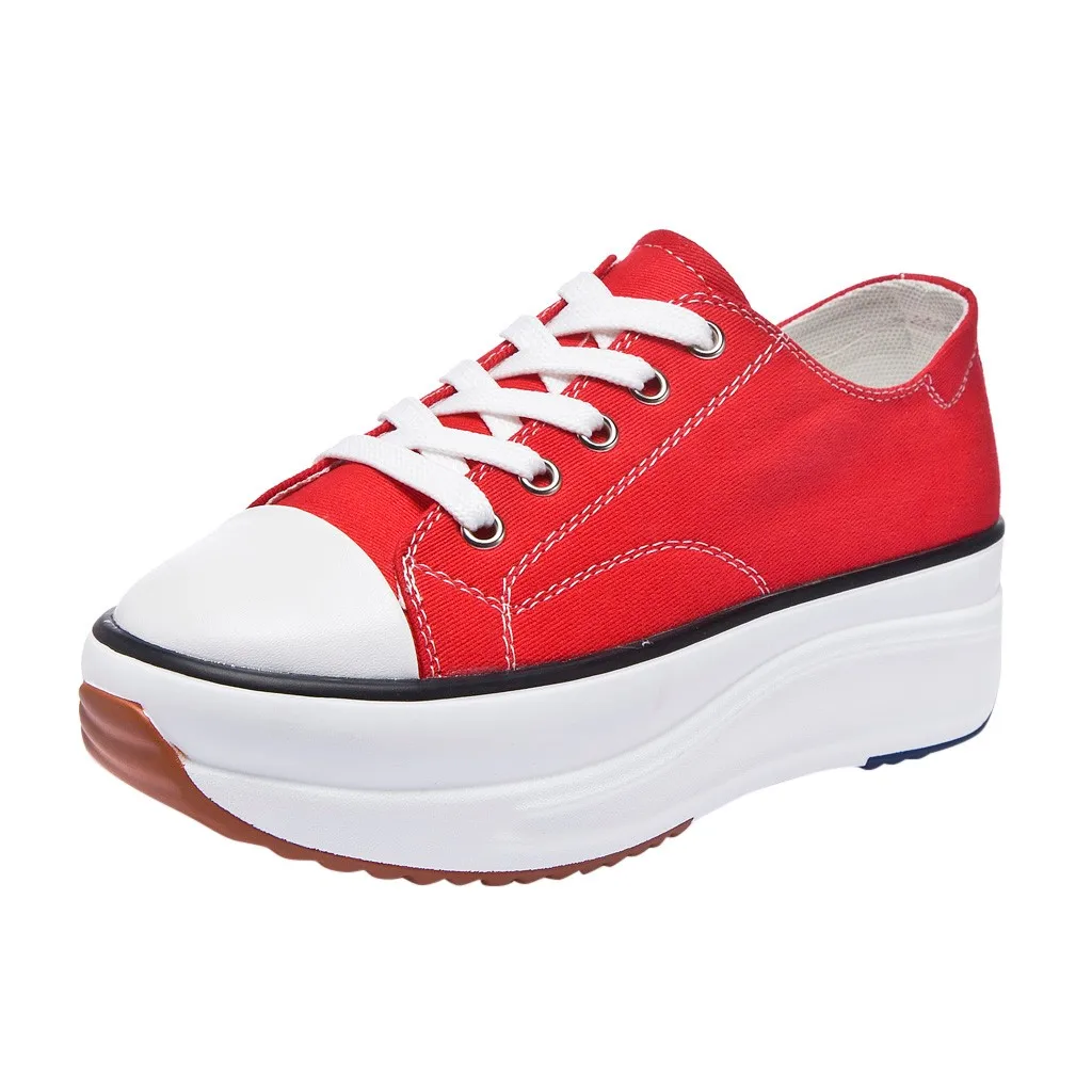 SAGACE/женские кроссовки из парусины вулканизованные; обувь на платформе на танкетке; Повседневная Женская парусиновая обувь на высоком каблуке со шнуровкой - Цвет: Красный