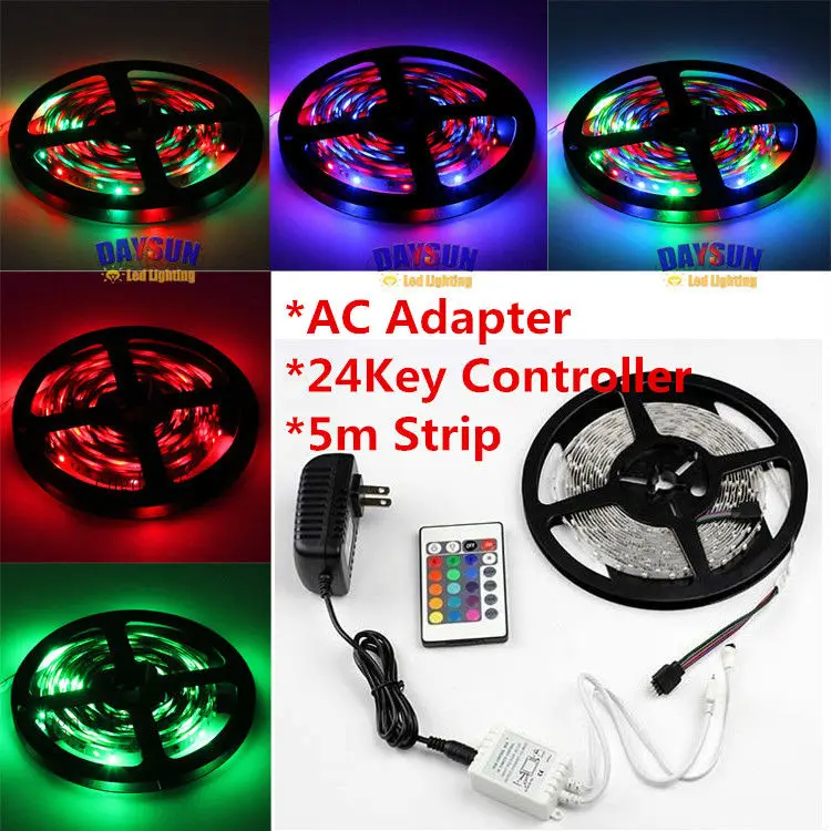 

Free Shipping RGB Led Strip Light 5M SMD3528 300Leds Flexible Led Tape Home Decoration Lamps + 24key IR Remote + 12V 2A Adapter