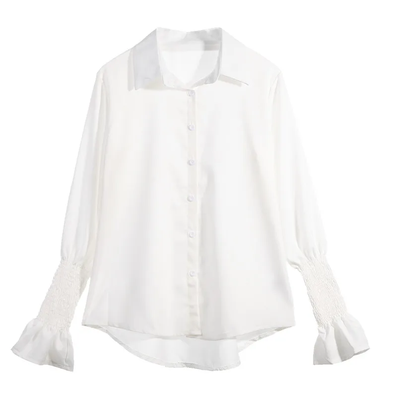 Стрейчевая блузка с расклешенными рукавами для женщин офисные женские Рабочие Рубашки Топы Женские однотонные белые с длинным рукавом