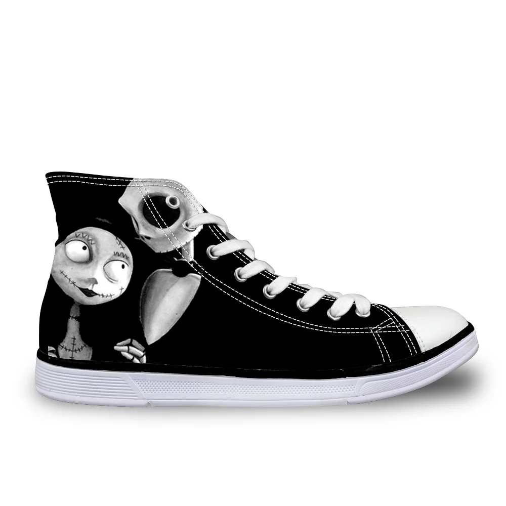 

Customized Vintage Black Punk Skull Printed Vulcanized Shoes for Ladies Casual Women High Top Canvas Shoes Female Lace up Flats