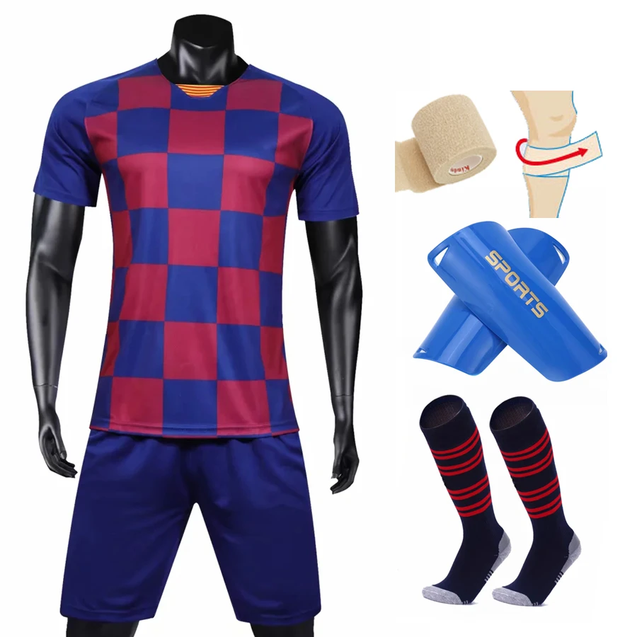 

LOGO Custom 2019 2020 Home Soccer Jerseys Men Kids Soccer Sets +Socks +Shin leggings football uniform kits 02A2