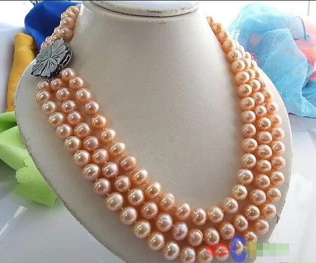 

Wholesale FREE SHIPPING >>> 3ROW 11MM PINK ROUND FRESHWATER CULTURED PEARL NECKLACE SHELL p848