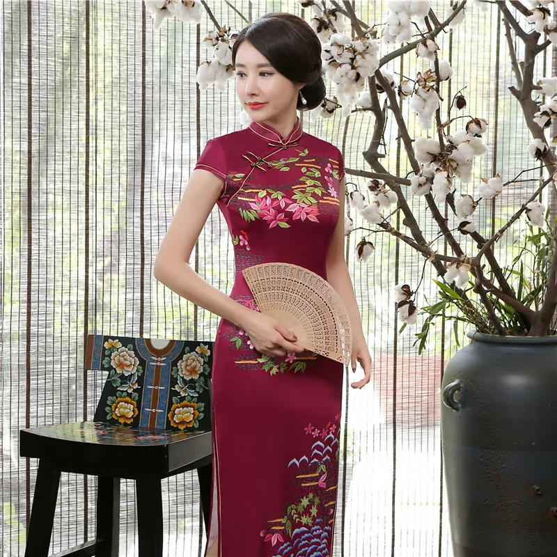 Шанхай история долго Cheongsam из искусственного шелка китайский высокое Разделение Qipao платье двойной Слои Винтаж платье Чонсам тонкий