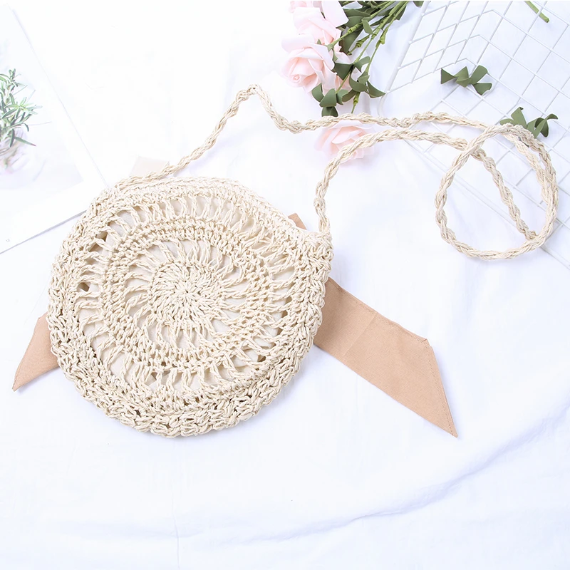 Handmade Bowknot Straw Crossbody Bag Women Hollow Woven Shoulder Bags Knitting Summer Beach Female Circle Tassel Handbags Purse