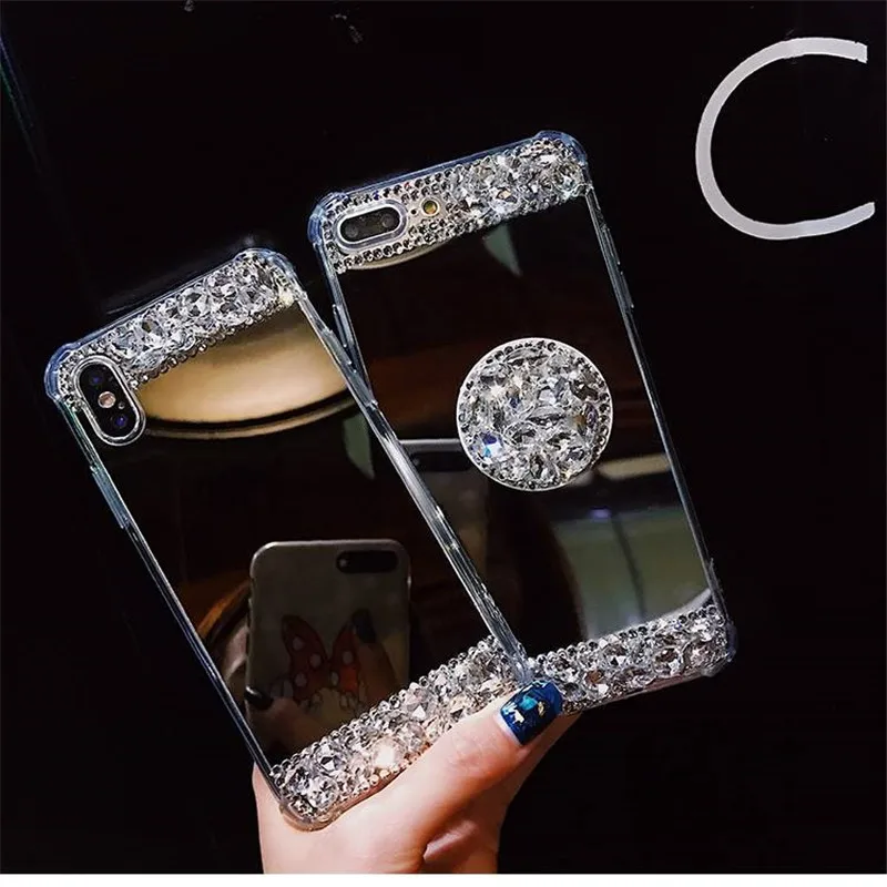 

Luxury Glaring Sparkle Bling crystal Diamond Stand Soft Mirror Back Cover For Samsung S8 S9 Plus Note 8 9 S10 Phone Case