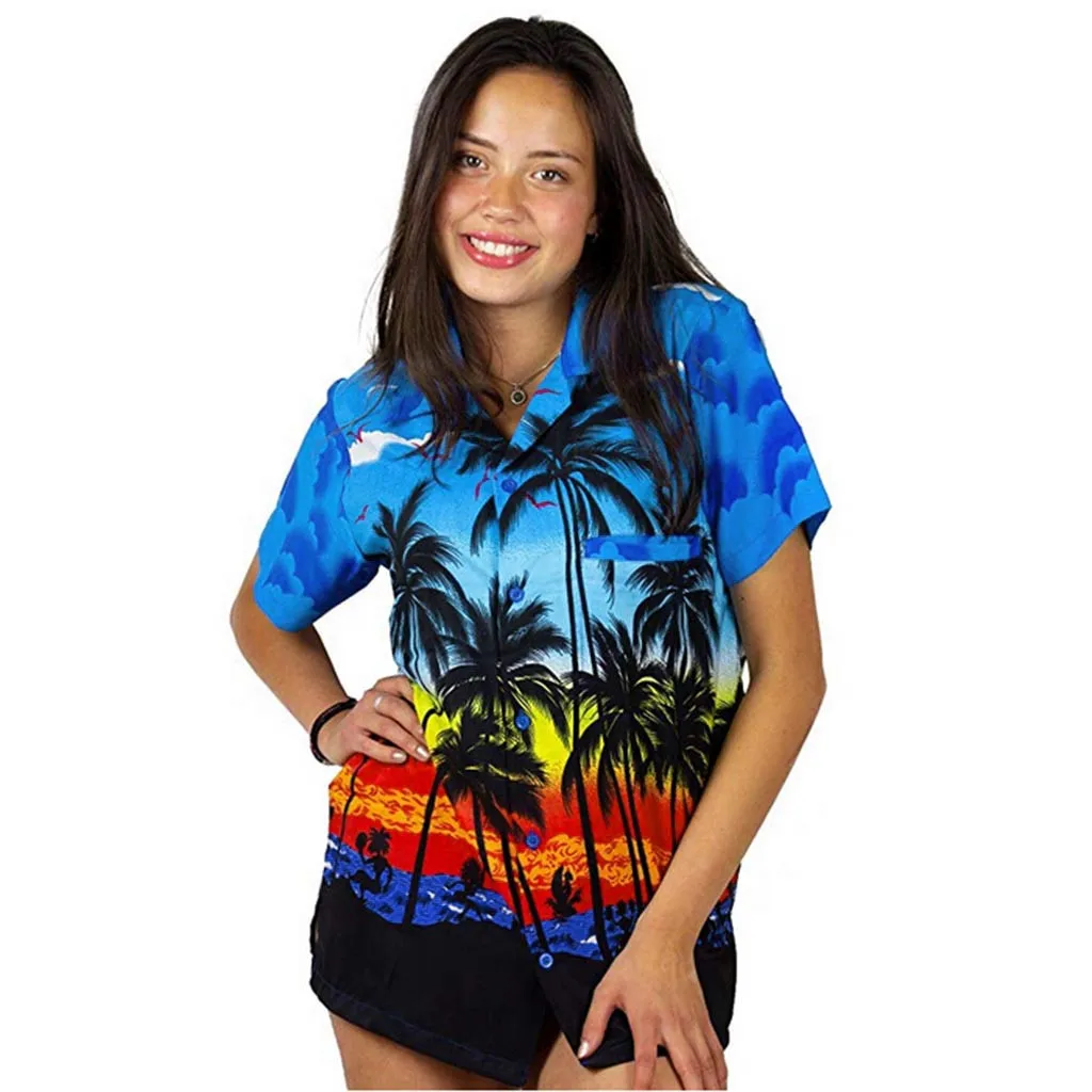 

feitong Women Blouse Chemister Beach Hawaiian Shirt Short Sleeve Front-Pocket Turn-down Collar Beach Floral Print Blouse Top Tee