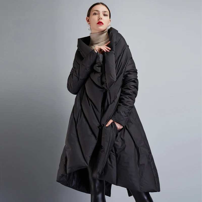 

High Quality 2018 Winter Women's European Design Runway Fashion Asymmetric Length Long Down Coat High-end Brand Down Jacket