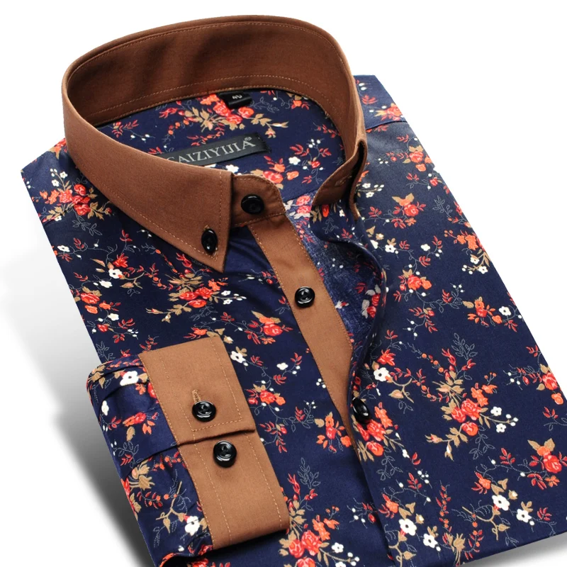 100% Cotton High end Floral Men Casual Shirts Long Sleeve Button down ...