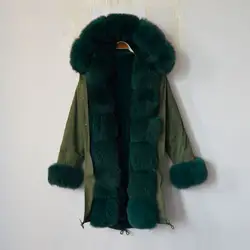 Поступила новая мода 2016 змея Бисероплетение Длинные женские пальто темно-зеленый из искусственного меха внутри куртка