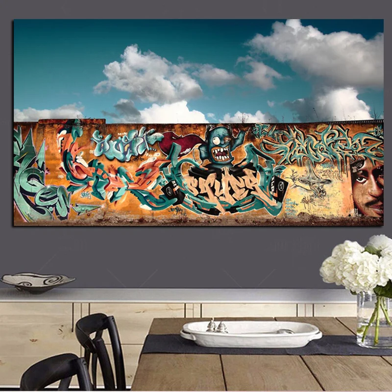 Graffiti Background White Clouds Giclee Print on Canvas Painting Modern Pop Art Wall Picture for Living Room Home Cuadros Decor (2)
