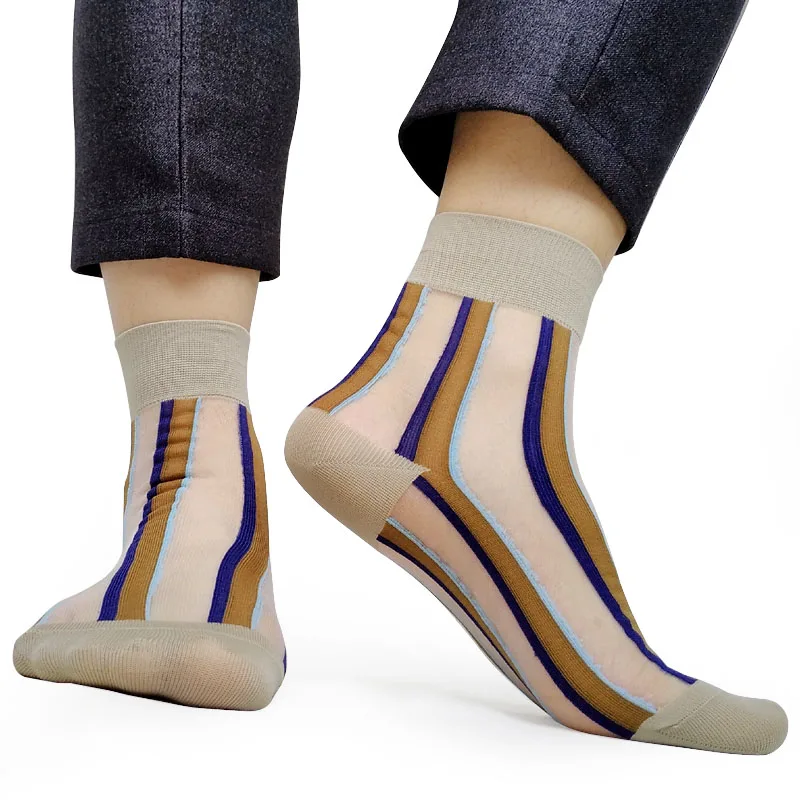 Летние мужские полосатые Формальные носки из чистого хлопка прозрачные сексуальные мужские парадные носки для геев мужские носки в старом школьном стиле - Цвет: Хаки