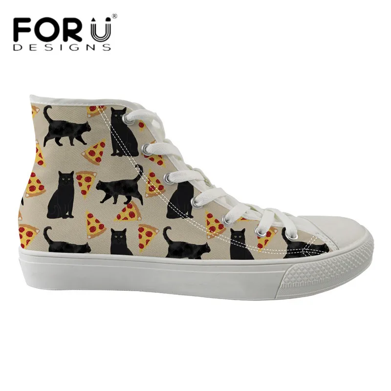

FORUDESIGNS Black Cat Floral Design Canvas Sneakers Casual Women Cool kitty Pizza High Print Top Vulcanize Shoes Female Shoes