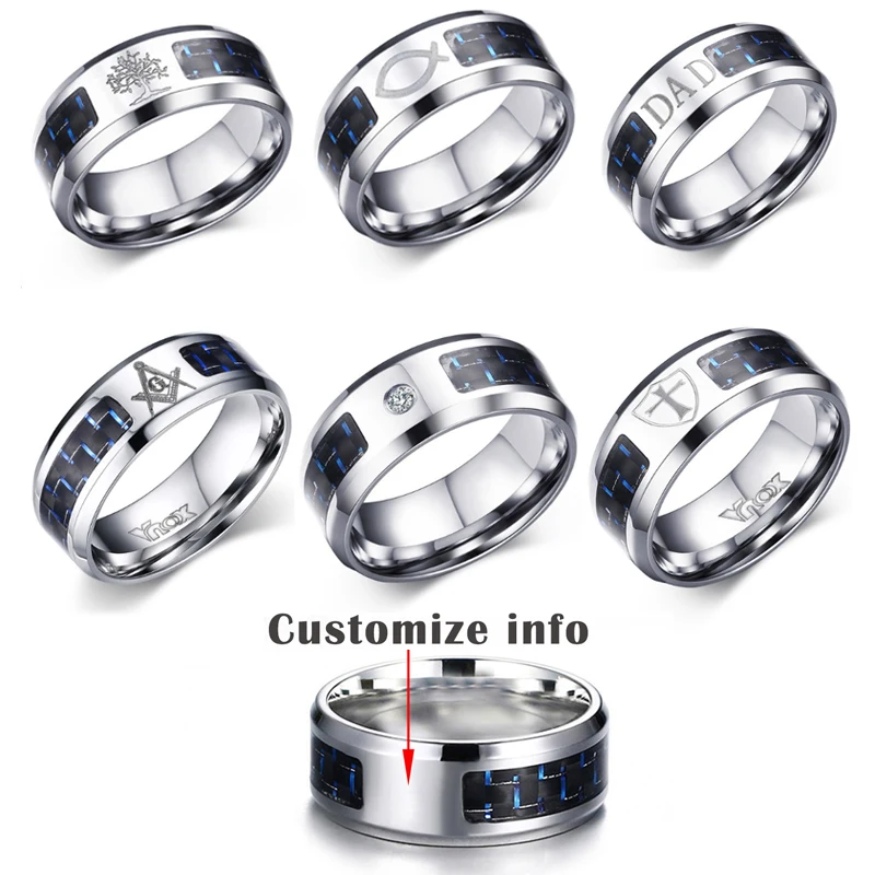 Vnox 8mm Carbon Fiber Ring For Man Engraved Tree Of Life Stainless Steel Male Alliance Casual Customize Jewelry Personalize Band