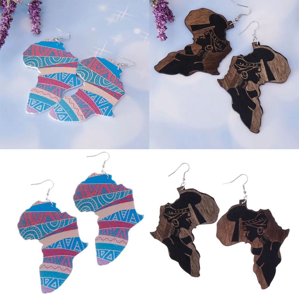 2 Pairs Vintage Wooden Ethnic Tribe African Map Lady Figure Dangle Drop Earring Fish Hook Belly Dancing Charms