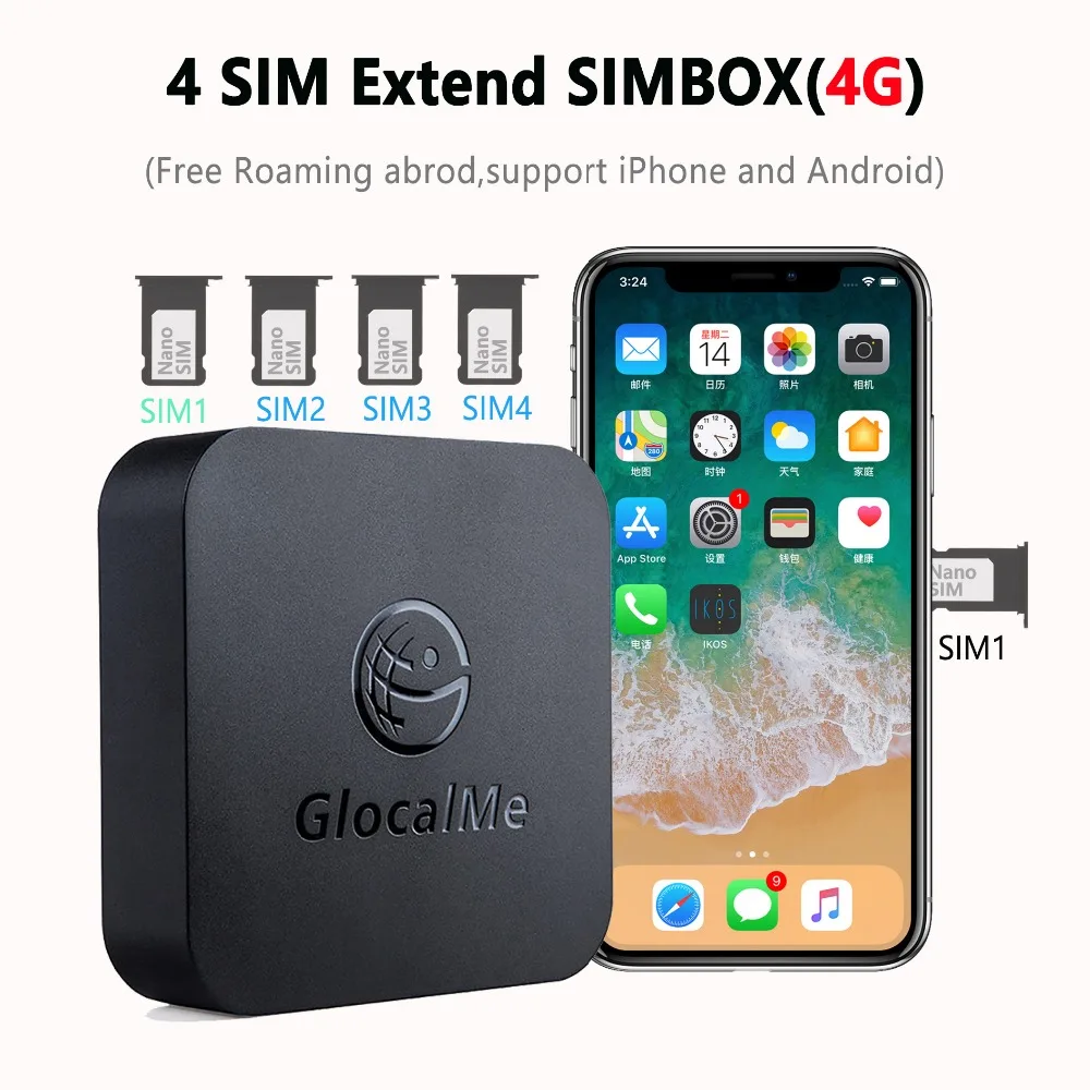 

No Roaming 4G SIMBOX Multi 4 SIM Dual Standby Adapter for iOS iPhone Android No Need Carry Work with WiFi Data to Make Call SMS