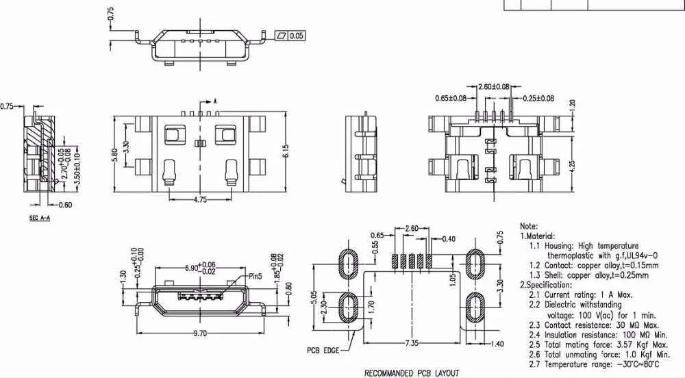 100 шт микро USB 5pin 0,8 мм без стороны B Тип плоский рот без завивки сторона гнездовой разъем для мобильного телефона мини USB разъем