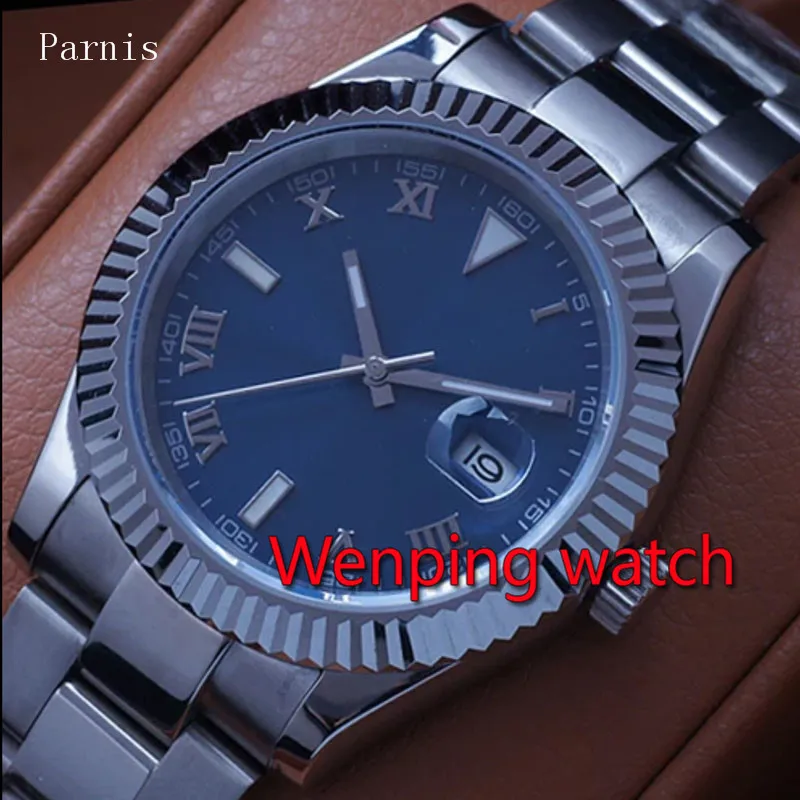 

40mm PARNIS blue/black/white Sterile dial Automatic Self-Wind movement sapphire glass Mens watch Auto Date Mechanical watch W580