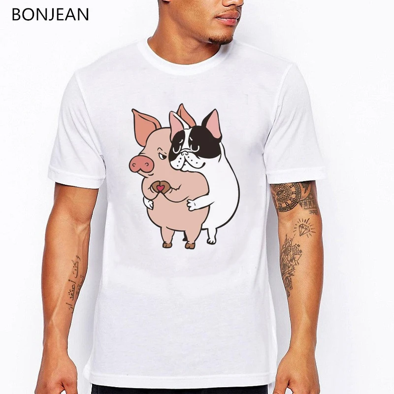 

Funny t shirts men French Bulldog Hug Pig animal print tshirt camisetas hombre harajuku shirt kawaii clothes men t-shirt tops