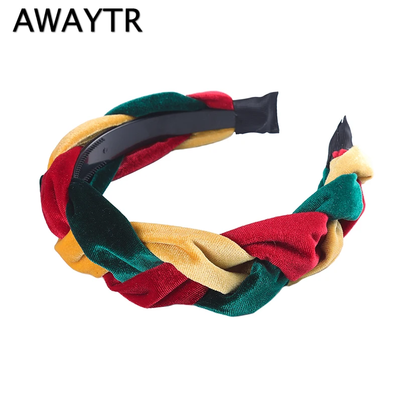 Женская бархатная повязка на голову AWAYTR, плетеный обруч для волос, цветной аксессуар для волос в стиле «Пэтчворк»