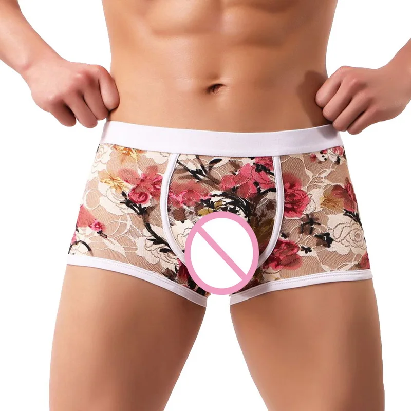 

MoneRffi Men sexy Homme boxers underwear Transparent lace loose Gay men's underpants male slip convex Scrotum Care short panties