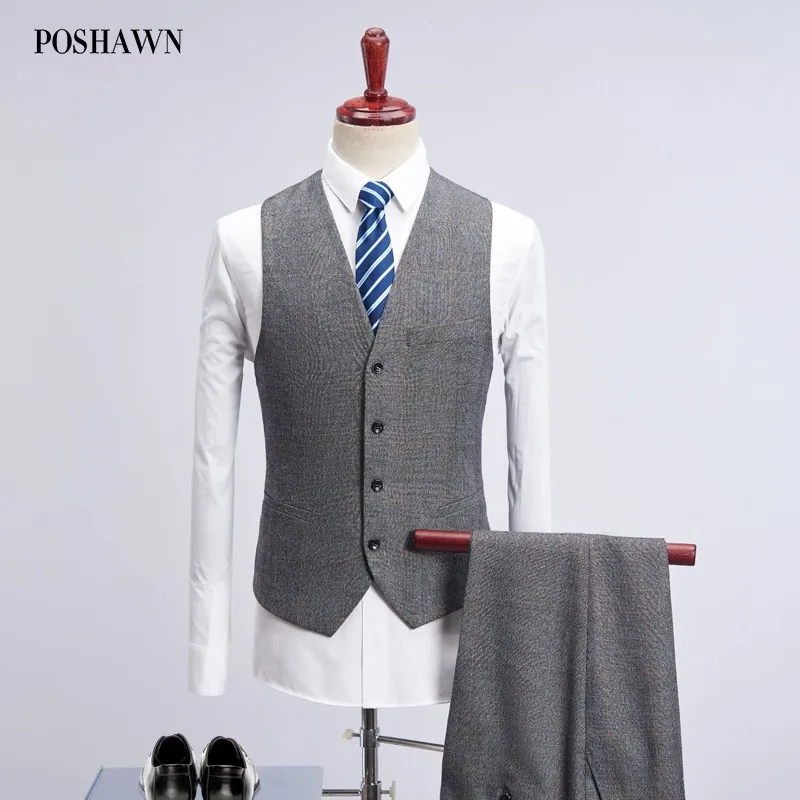POSHAWN Grey Plaid Striped Men Suits With Pants And Vest Double Button Formal Blazers Men 3 Pieces Tuxedo Wedding Suit 2019