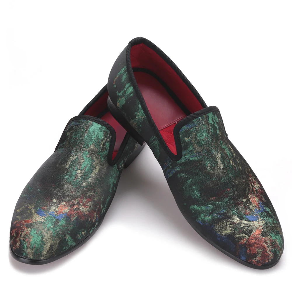 

New Mix Colors Graffiti Men Fabric Causal Shoes Men Plus Size Loafers Smoking Slippers pointed toe men dress shoes