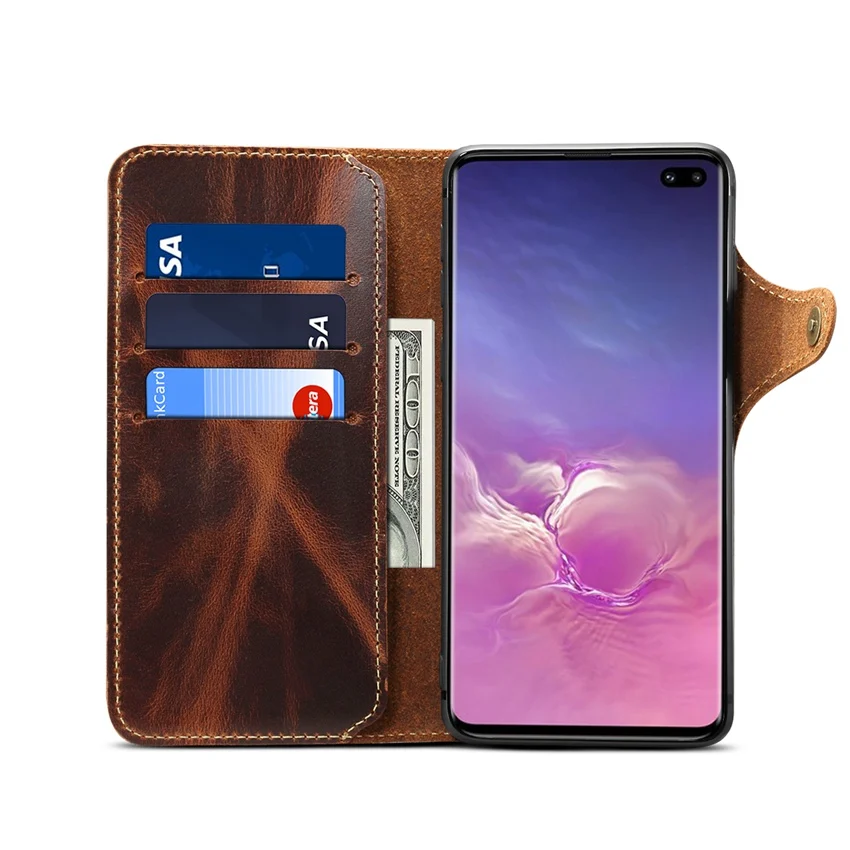 Hot Natural Real Genuine Leather Wallet Case for Samsung Galaxy S10 Plus Lite S10e S10+ Phone Bag Retro Vintage Flip Cover Clasp