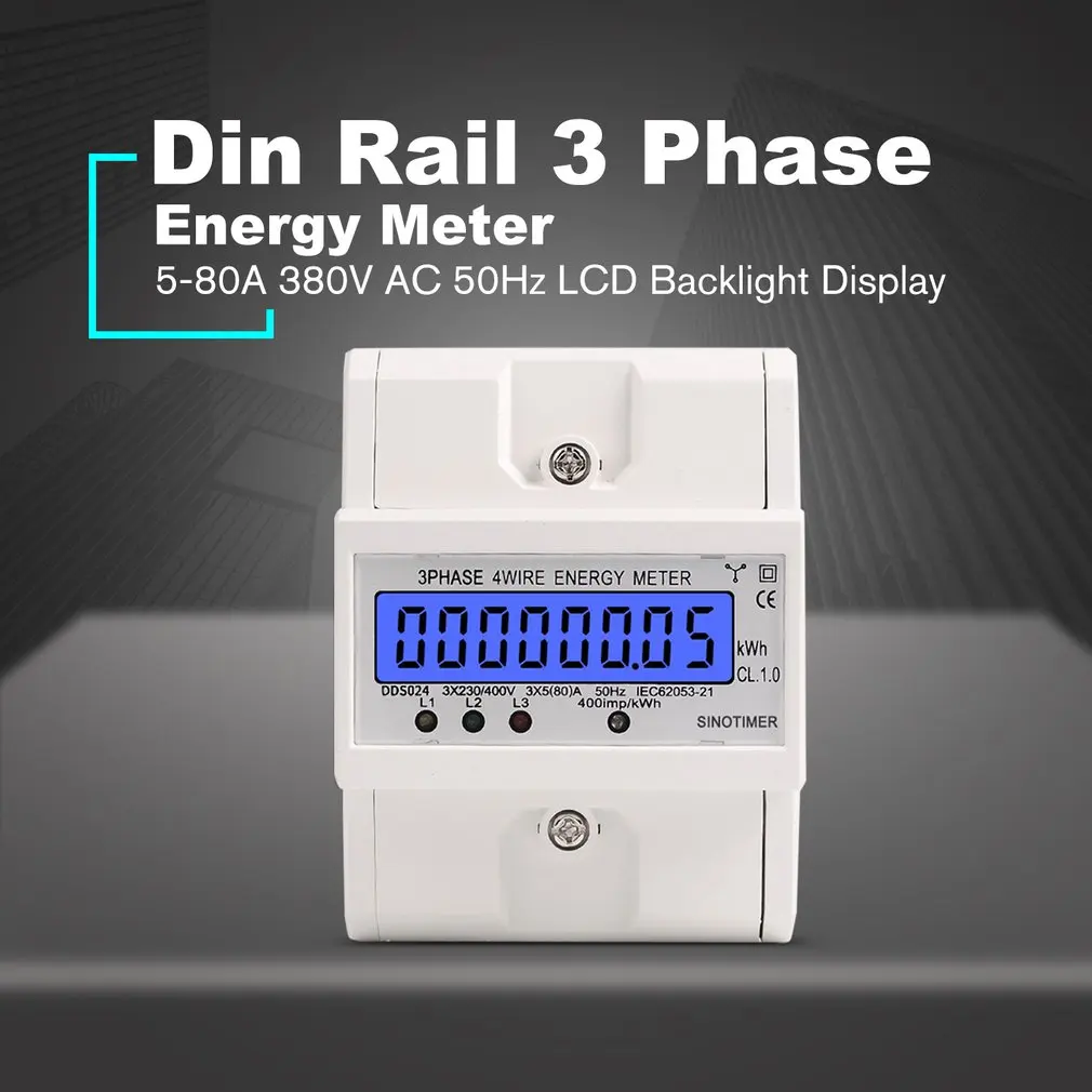 

Din Rail 3 Phase 4 Wire Electronic Watt Power Consumption Energy Meter Wattmeter kWh 5-80A 380V AC 50Hz LCD Backlight Display