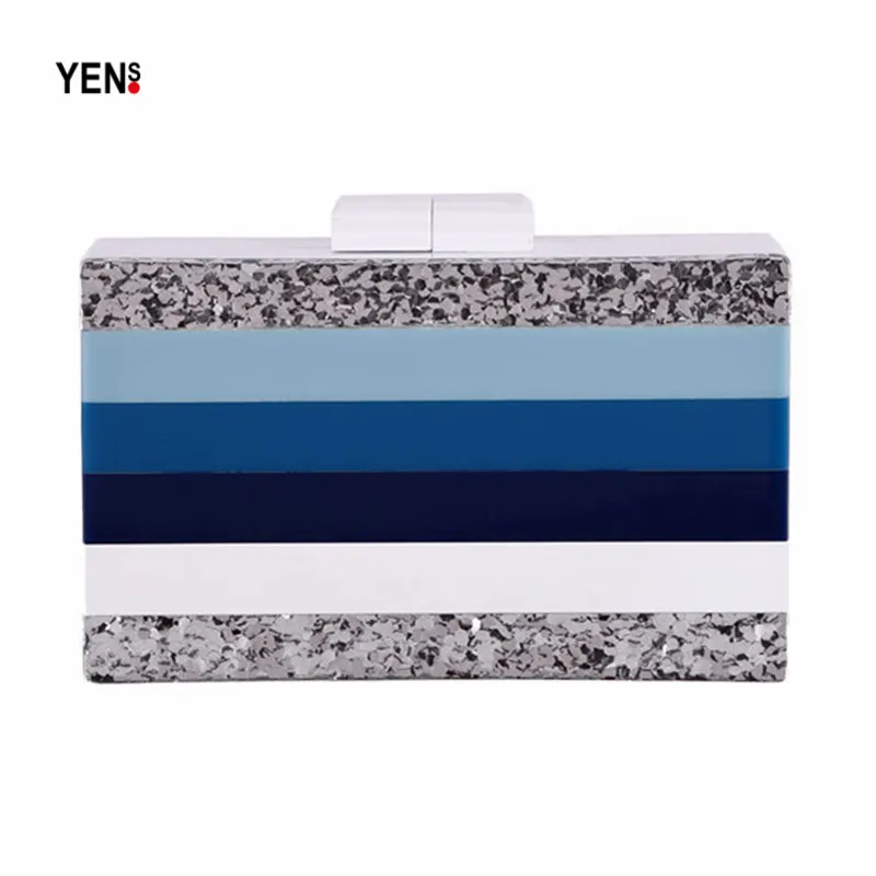 

2017 Vintage Acrylic Clutch Box Women Elegant Evening Bag Prom Party Bag Colored Striped Messenger Bag Patchwork Acrylic Handbag