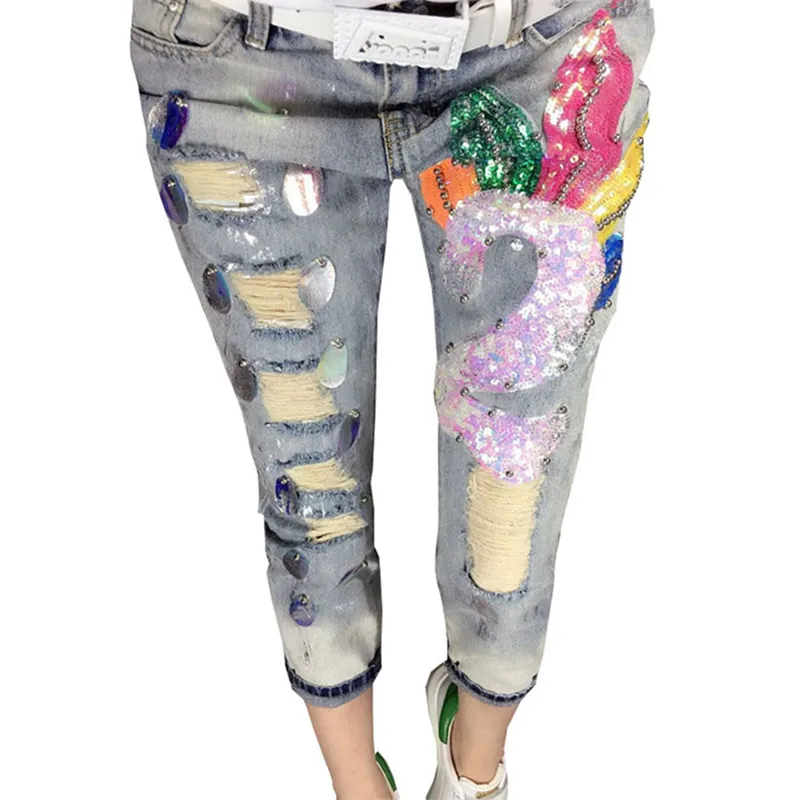 Sequins Boyfriend Hole Ripped Jeans Women Pants Cool Demin