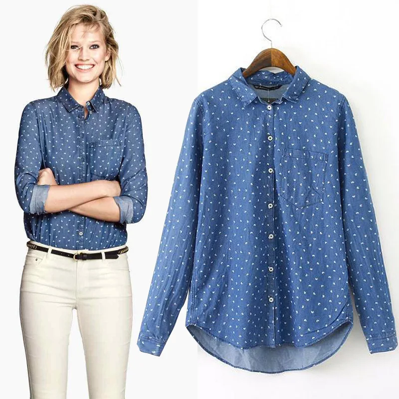 Camisas de mezclilla mujer 2015 de manga larga blusa azul