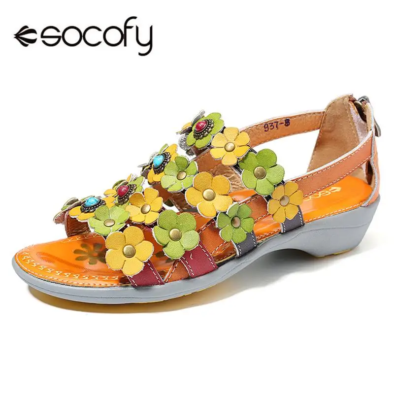 

SOCOFY Comfortable Sandals Genuine Leather Five Leaf Floral Stitching Casual Zipper Sandals Elegant Women Shoes Summer