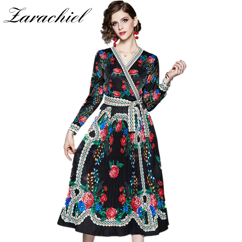 

New 2019 Autumn Gorgeous Floral Print Dress Women's Long Sleeve V-Neck Pleated Elegant Vintage Sashes Ladies Vacation Long Dress