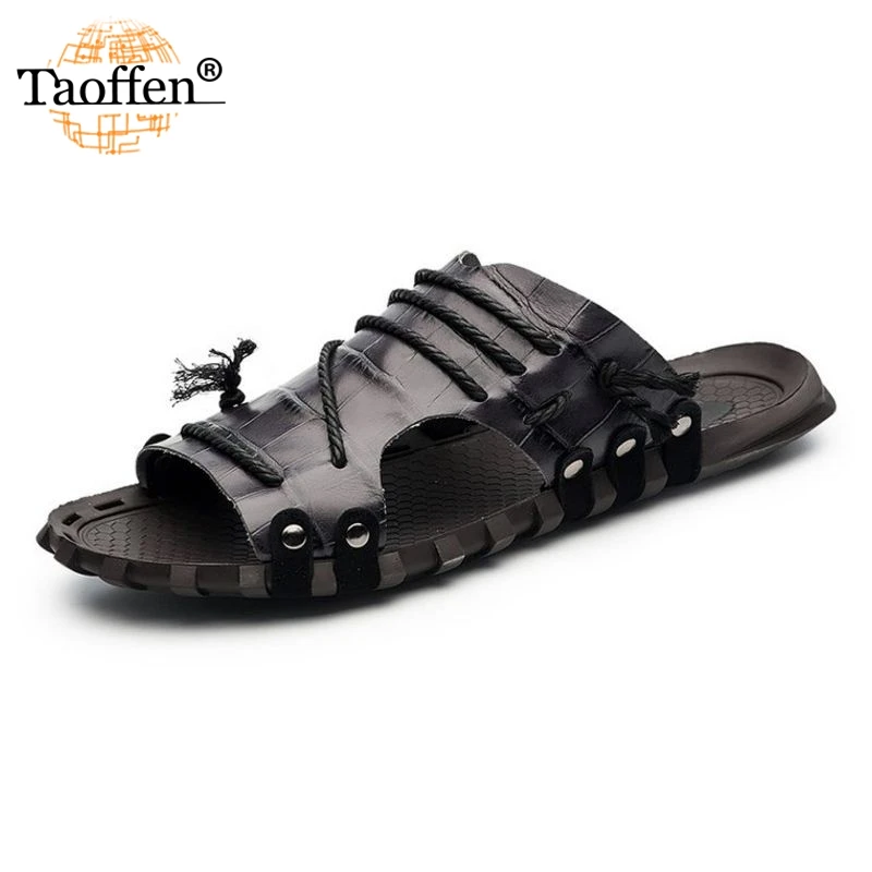 TAOFFEN 6 Color Men Real Leather Sandals Solid Slip On Slippers Beach Holiday Refreshing Shoes Footwear Size 38-47 | Обувь