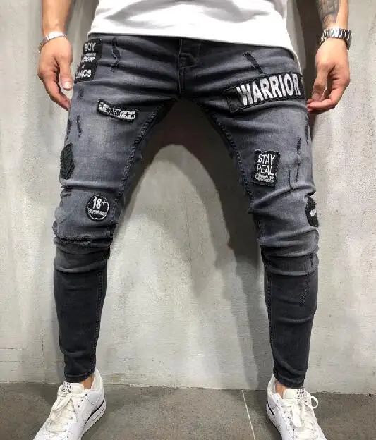 Новые модные мужские джинсы с вышивкой в стиле хип-хоп облегающие мужские джинсы Модные узкие джинсы мужская одежда - Цвет: 2