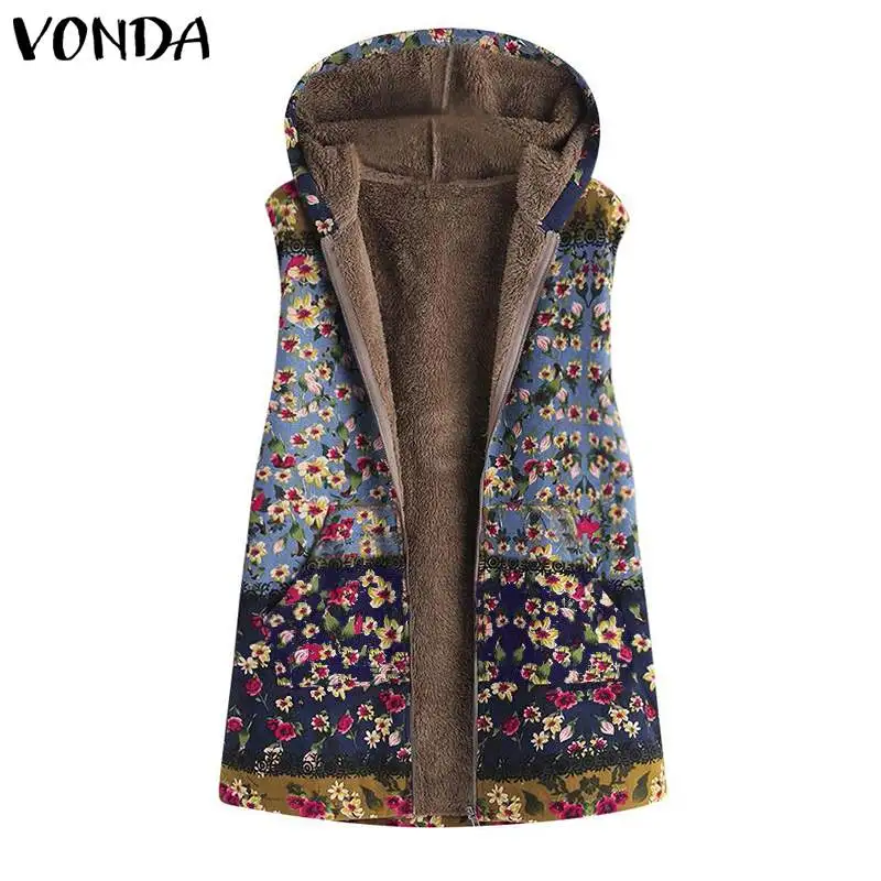 

Winter Women Coats 2019 VONDA Plush Fluffy Casual Hooded Long Sleeve Warm Jackets Plus Size Faux Fur Vintage Printed Outerwear