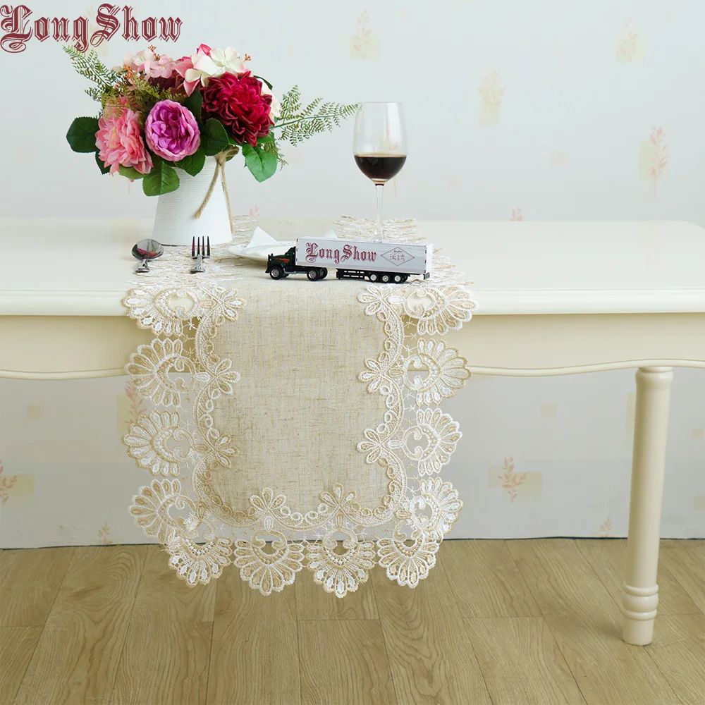 

Longshow Elegant Vintage Embroidered Lace Trim Dining Linen Table Runner