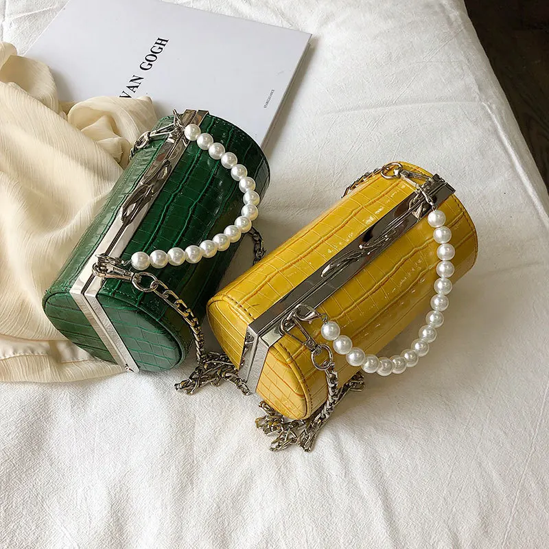 

2019 New Fashion Women Small Boston Handbag Metal Frame Crossbody Bag Alligator PU Shoulder Bag Cute Pearl Messenger Bag Mini
