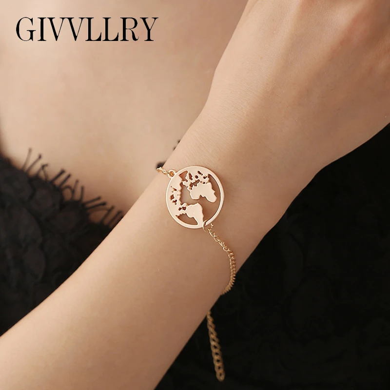

GIVVLLRY Carved Hollow World Map Charm Bracelet for Women Creative Minimalist Gold Silver Color Chain Bracelet Fashion Jewelry