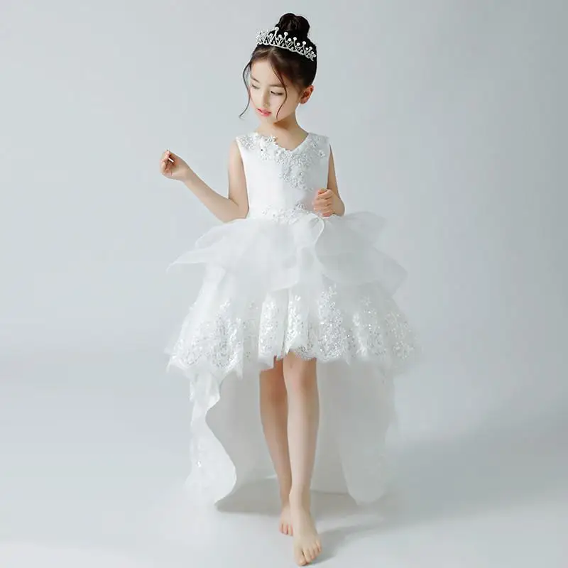 

2019 New Kids Girl Beads Trailing Dress Children Lace Tulle Princess Prom Ball Gown Teen Girl Wedding Birthday Party Dress Q913