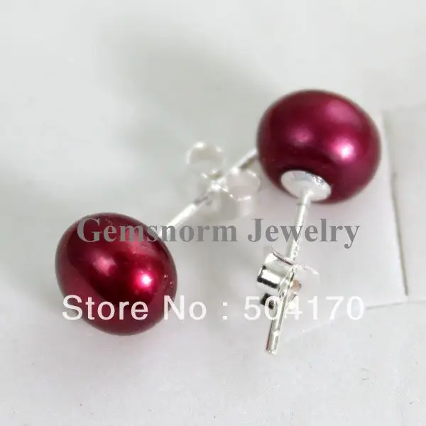 Высокое качество 7-8 мм Ожерелье из пресноводного культивированного бордовый жемчужной сережкой новые серьги-гвоздики /Розничная,, ER021