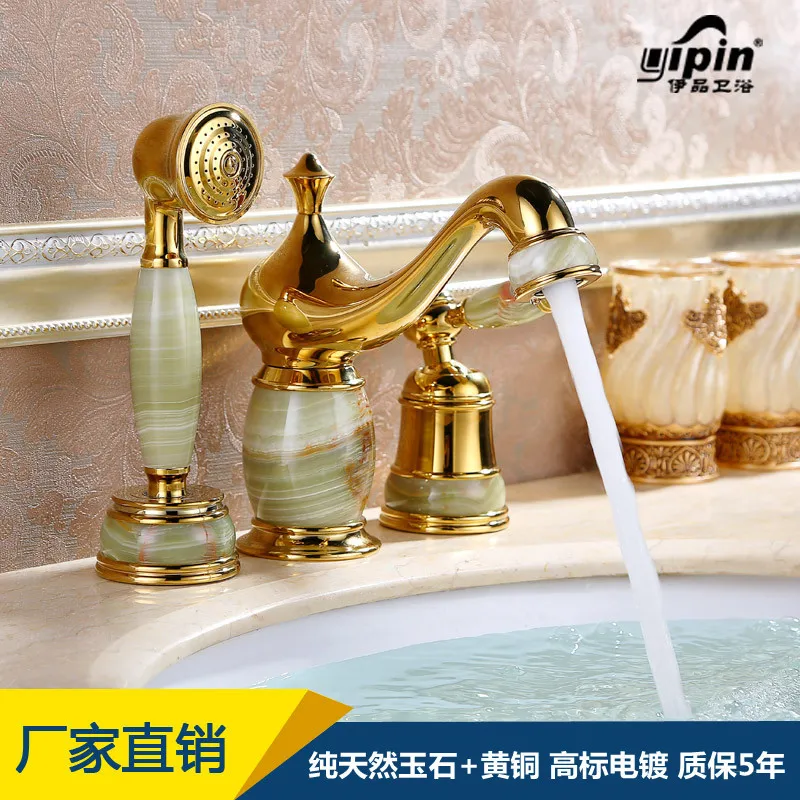 

supply European top-grade pure copper jade three separate hole basin faucet with shake handshandle jacquard spill